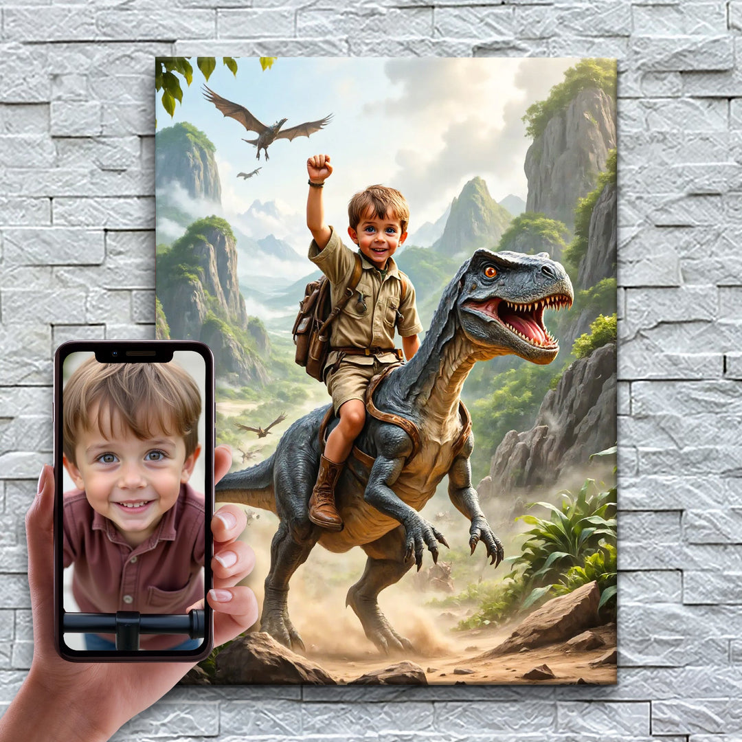 O Domador de Dinossauros – antes e depois: a foto enviada e o quadro pronto