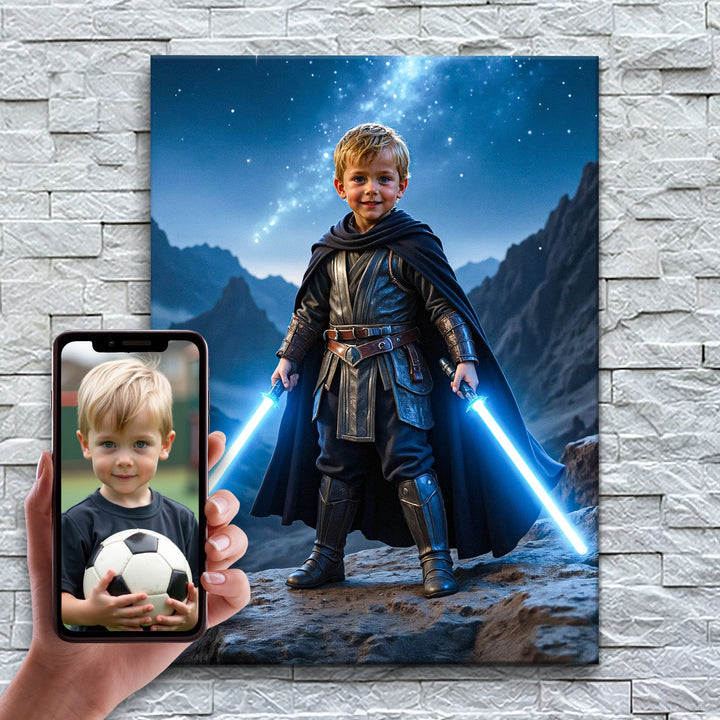 O Guardião das Estrelas – antes e depois: a foto enviada e o quadro pronto