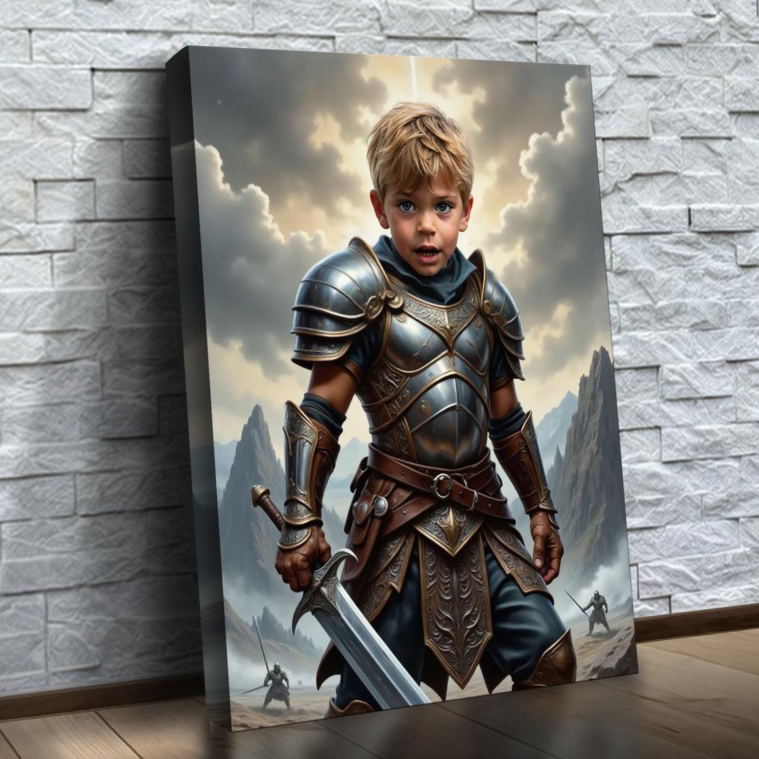 O Guerreiro Bárbaro – quadro canvas personalizado com o rosto da criança, na parede