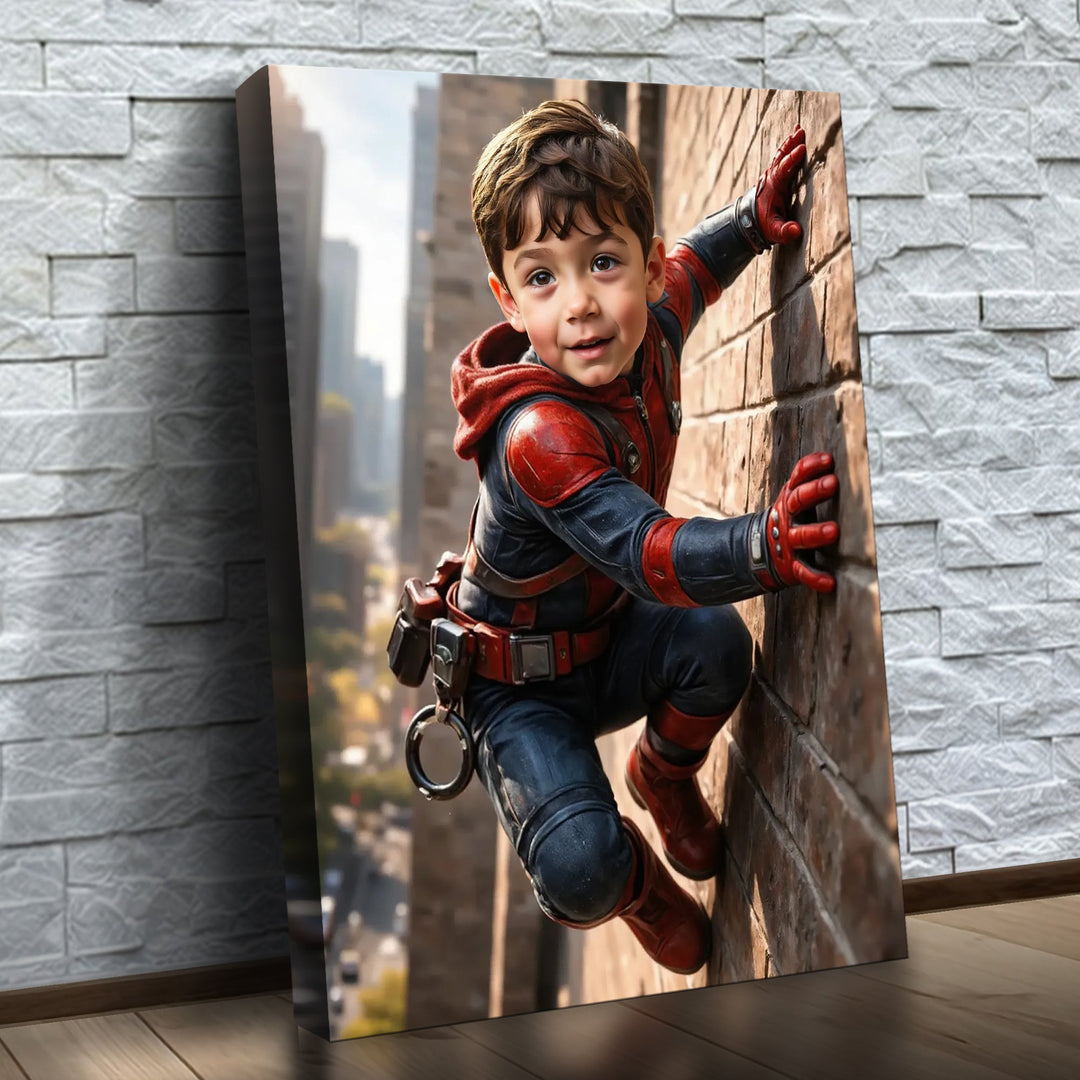 O Pequeno Escalador – quadro canvas personalizado com o rosto da criança, na parede