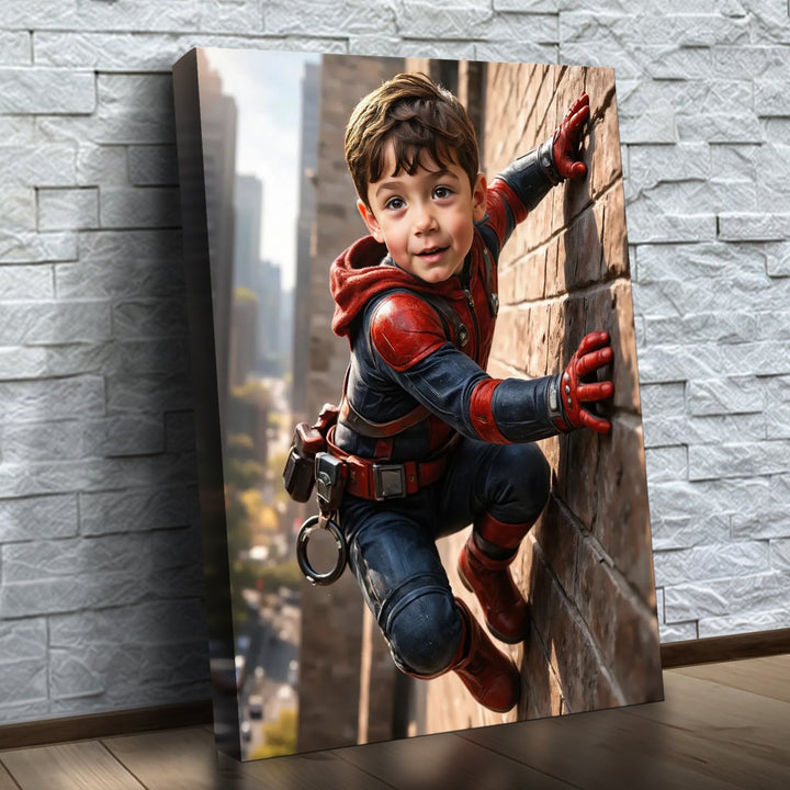 O Pequeno Escalador – quadro canvas personalizado com o rosto da criança, na parede