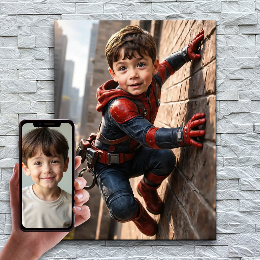 O Pequeno Escalador – antes e depois: a foto enviada e o quadro pronto