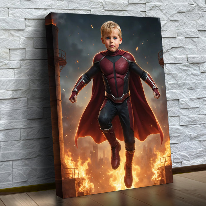O Herói das Chamas – quadro canvas personalizado com o rosto da criança, na parede