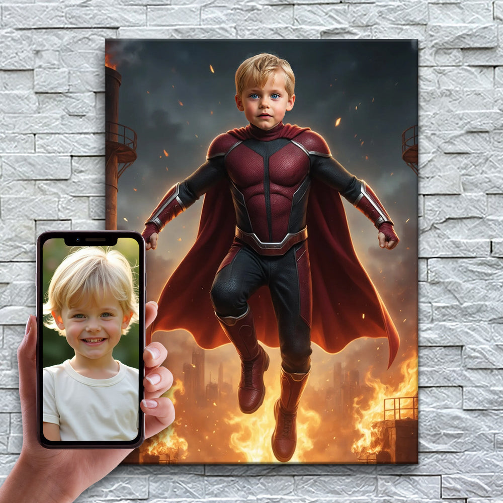 O Herói das Chamas – antes e depois: a foto enviada e o quadro pronto