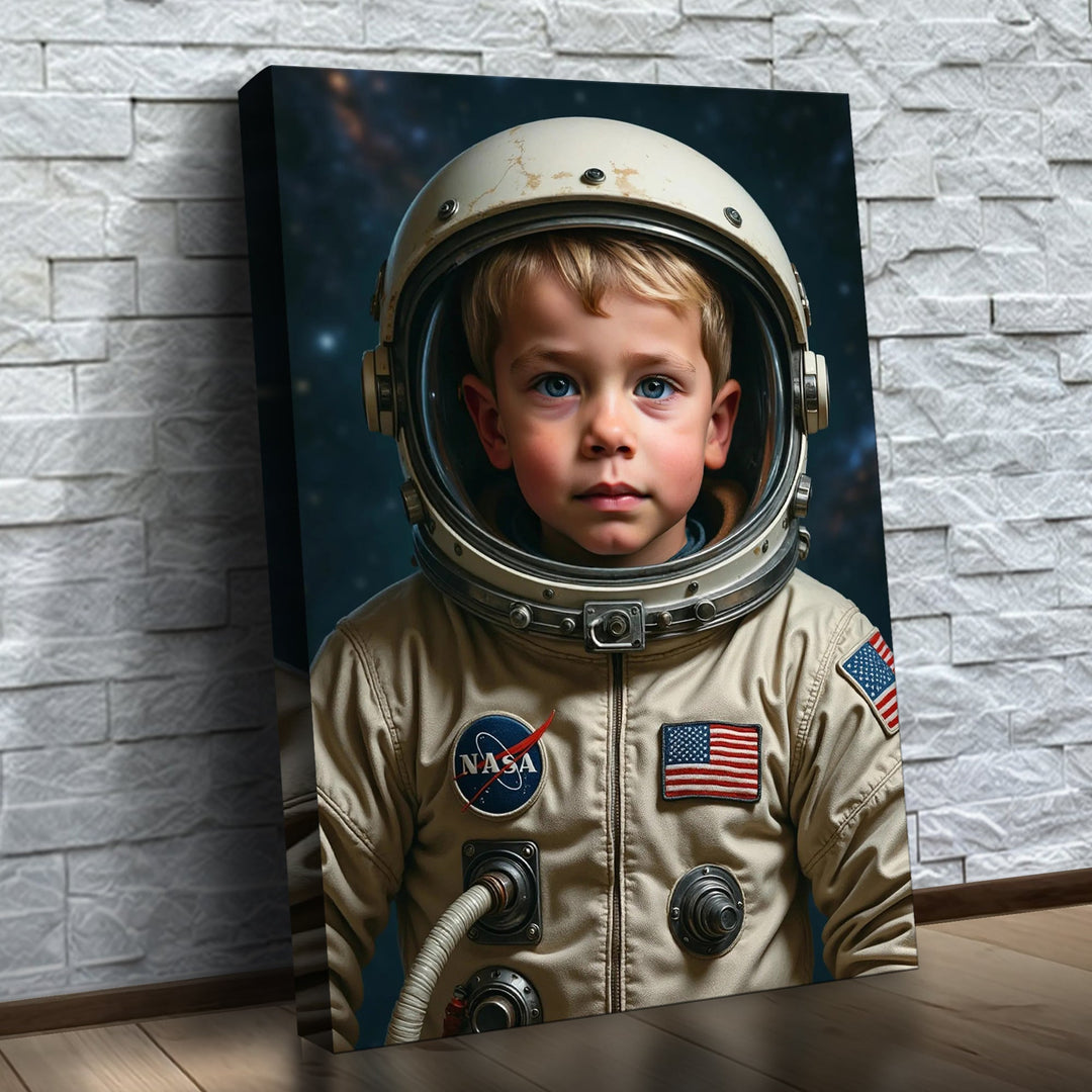 O Pequeno Astronauta – quadro canvas personalizado com o rosto da criança, na parede