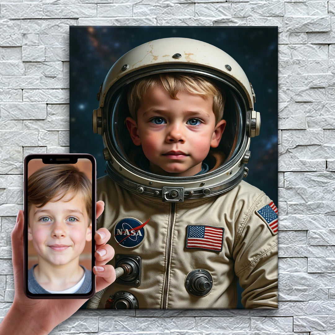 O Pequeno Astronauta – antes e depois: a foto enviada e o quadro pronto
