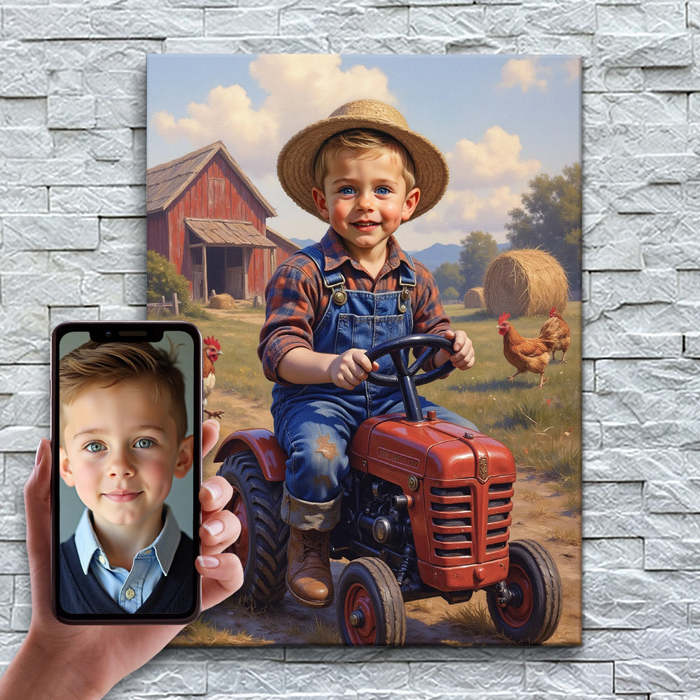 O Pequeno Fazendeiro – antes e depois: a foto enviada e o quadro pronto