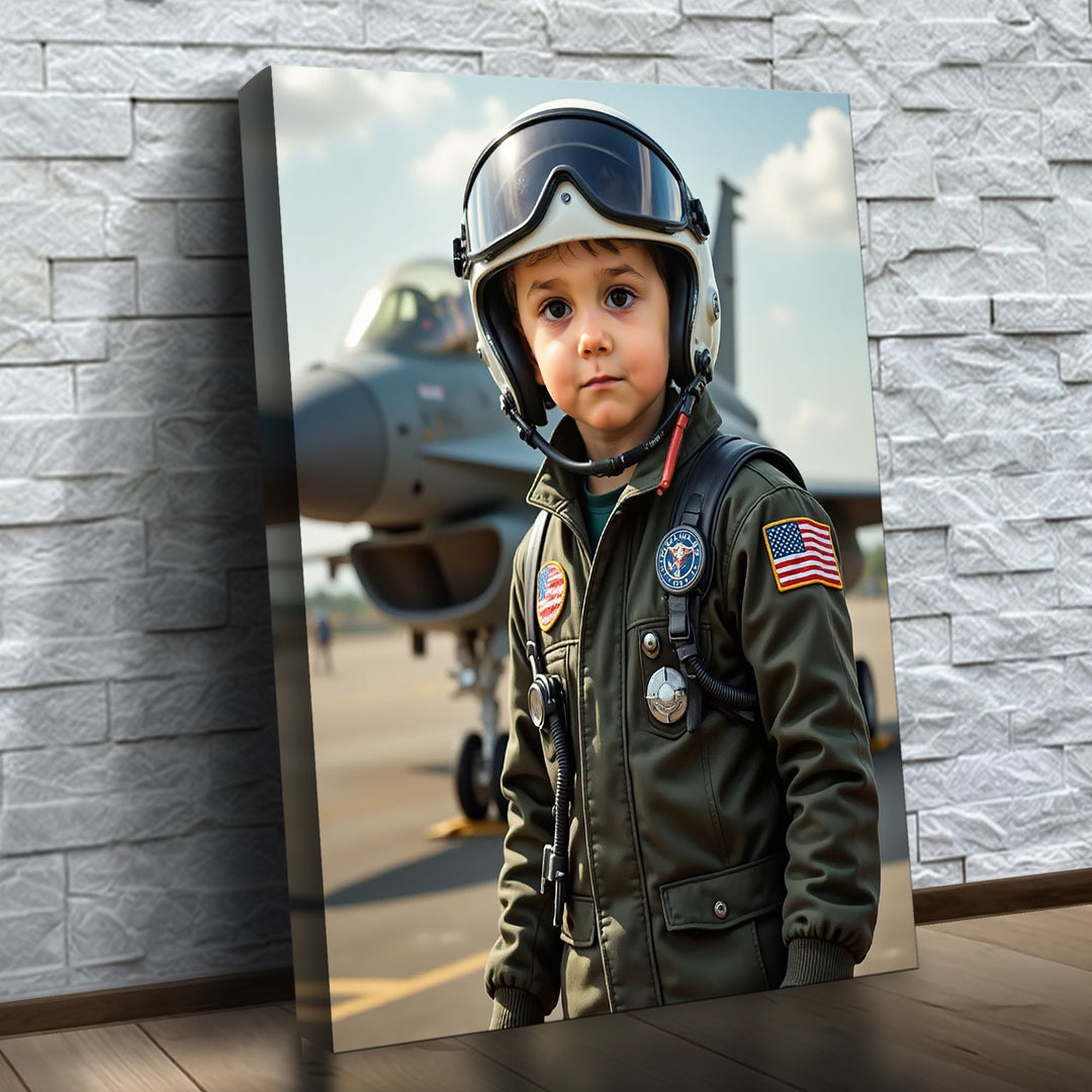 O Piloto de Caça – quadro canvas personalizado com o rosto da criança, na parede