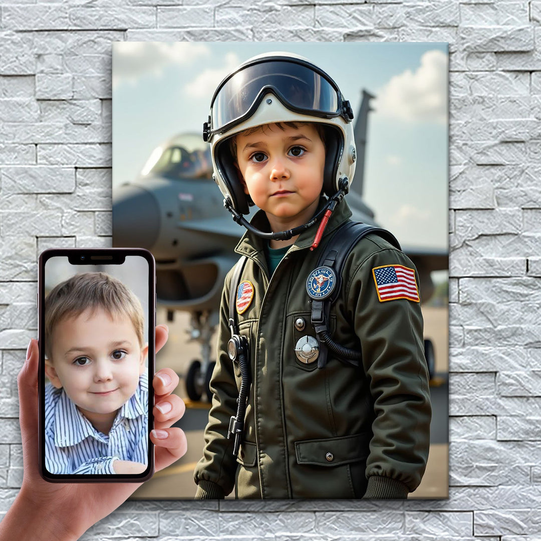 O Piloto de Caça – antes e depois: a foto enviada e o quadro pronto