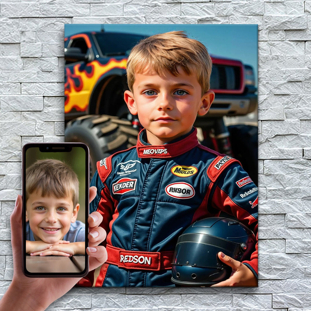 O Piloto do Monster Truck – antes e depois: a foto enviada e o quadro pronto