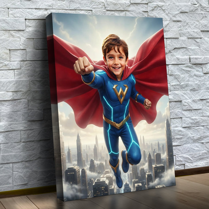 O Super Sentinela – quadro canvas personalizado com o rosto da criança, na parede