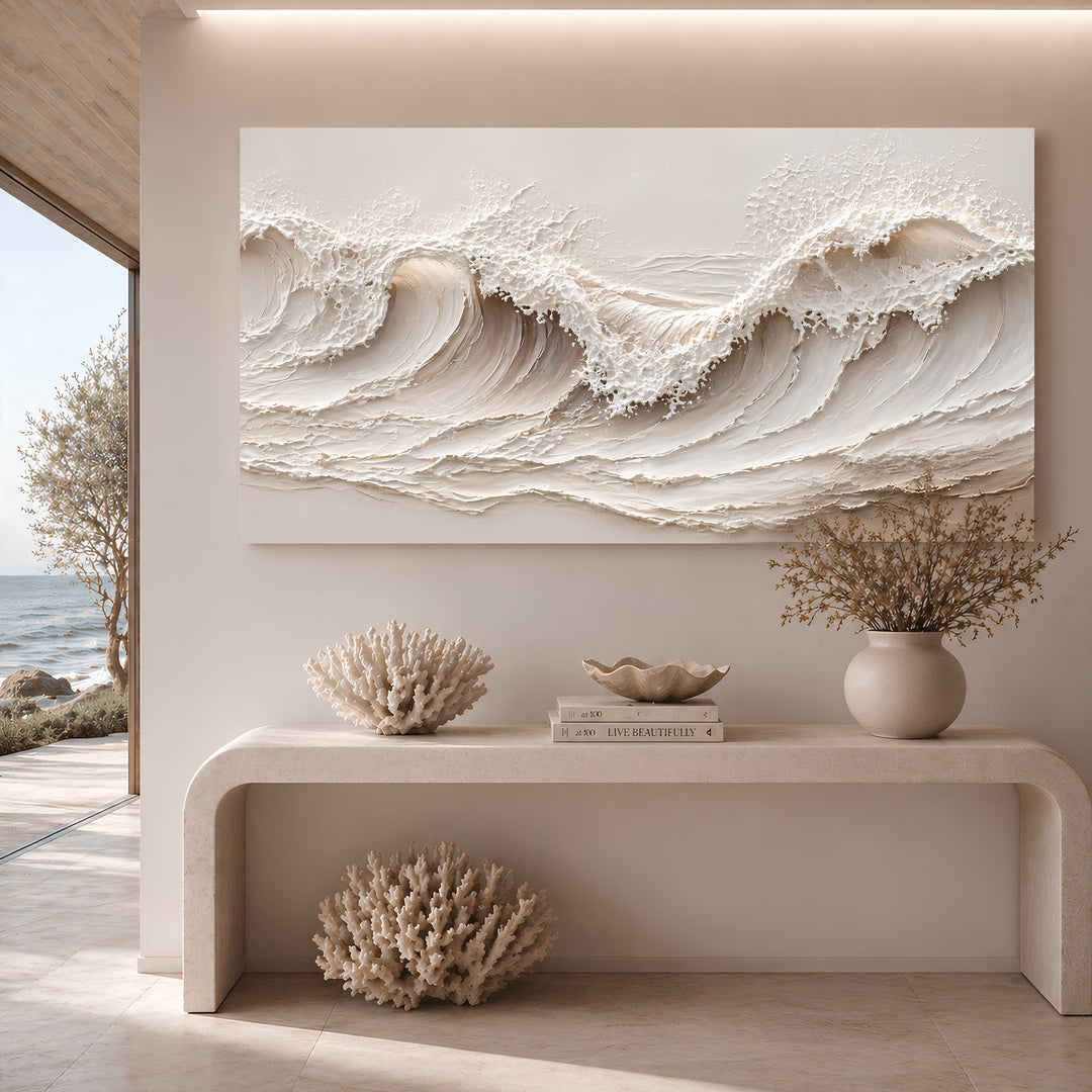 Quadro Onda Costeira: ondas em massa espessa nos tons de creme e areia