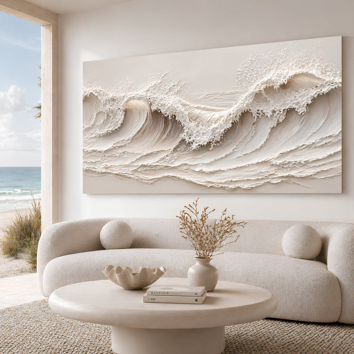 Quadro Onda Costeira em canvas panorâmico, ambiente em tons neutros