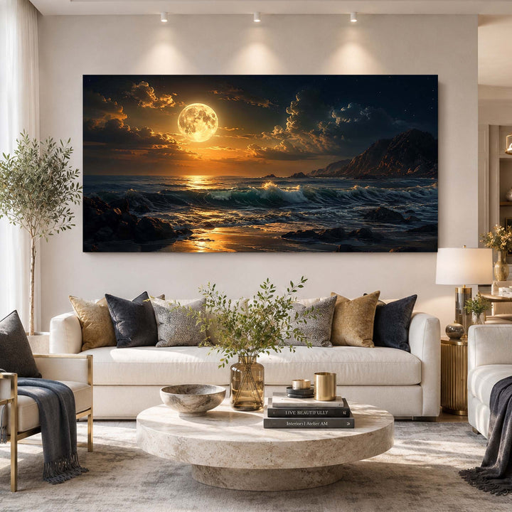 Quadro Panorama da Lua Cheia acima do sofá, em sala clara e iluminada