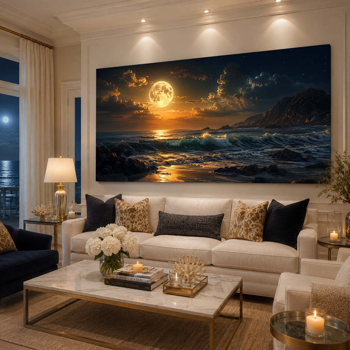 Quadro Panorama da Lua Cheia: lua dourada refletida no mar escuro