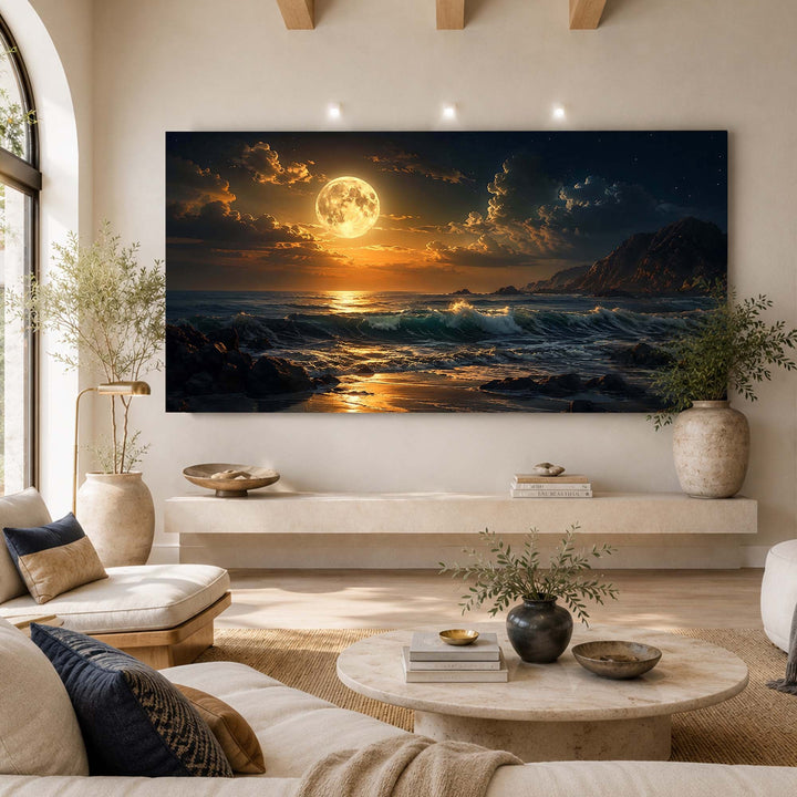Quadro Panorama da Lua Cheia na sala de estar, acima do aparador de pedra