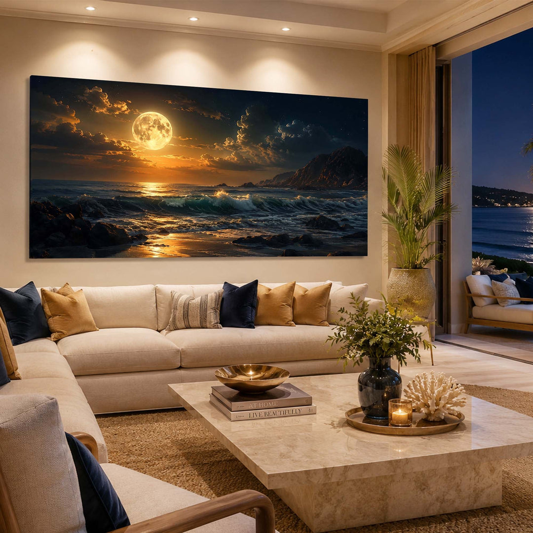 Quadro Panorama da Lua Cheia em sala ampla, com vista para o mar ao fundo