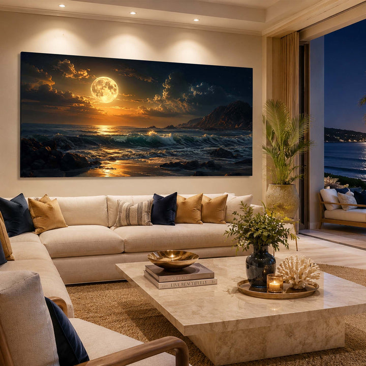 Quadro Panorama da Lua Cheia em sala ampla, com vista para o mar ao fundo