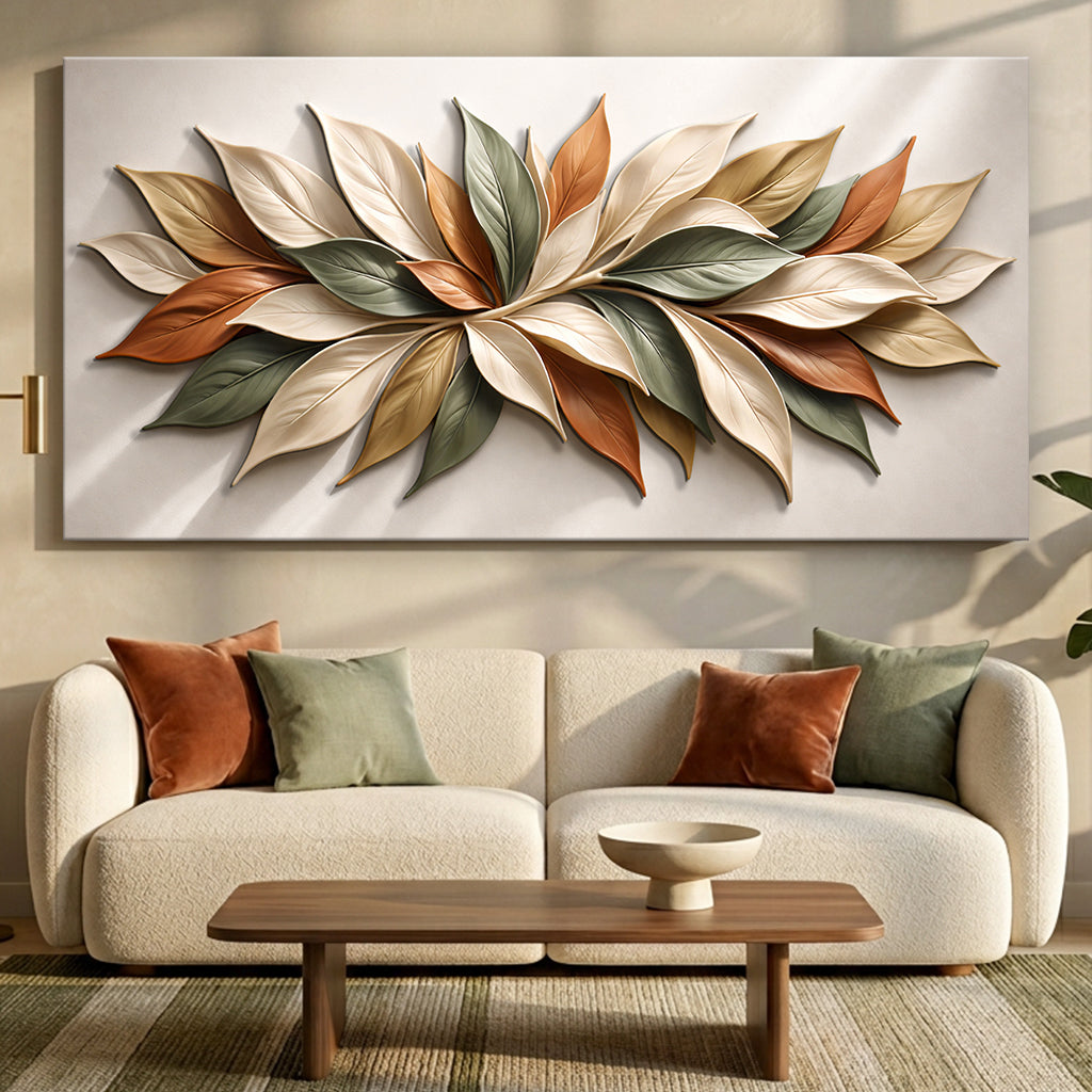 Quadro Pétalas de Outono acima do sofá, em sala de tons terrosos