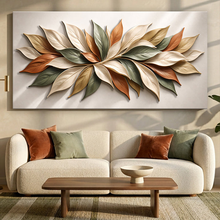 Quadro Pétalas de Outono acima do sofá, em sala de tons terrosos