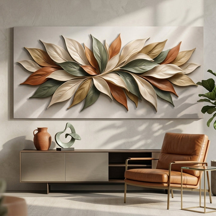 Quadro Pétalas de Outono sobre o aparador, ao lado da poltrona de couro