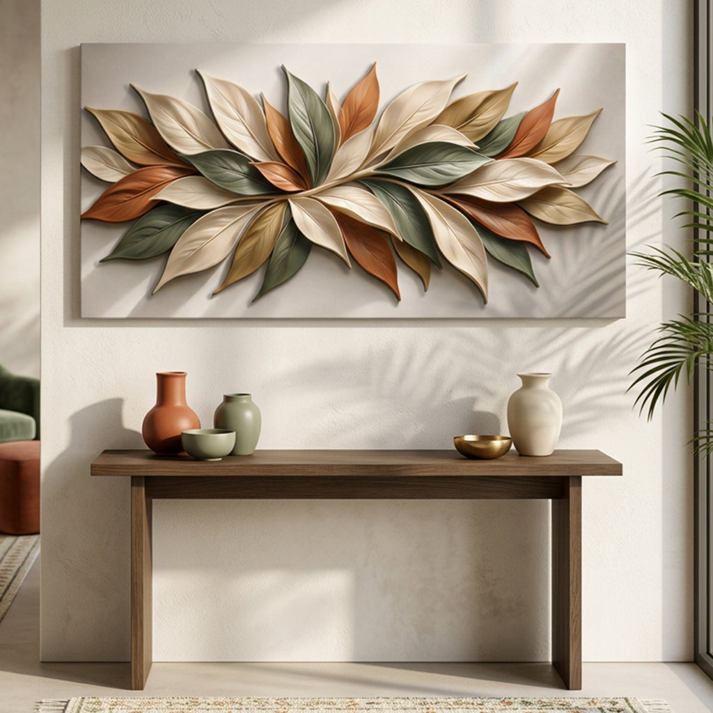 Quadro Pétalas de Outono: pétalas em relevo nos tons de cobre, oliva e creme