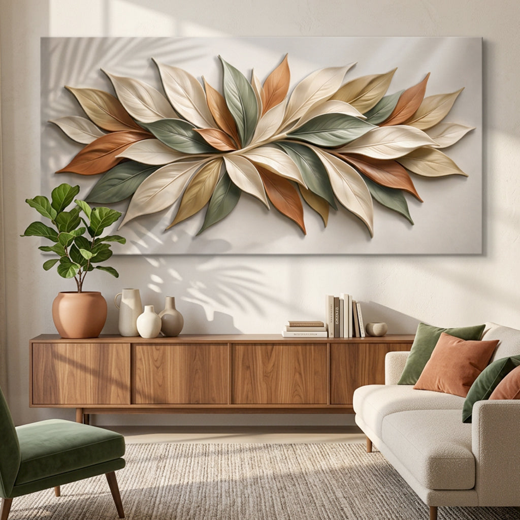 Quadro Pétalas de Outono acima do buffet de madeira, com plantas ao lado