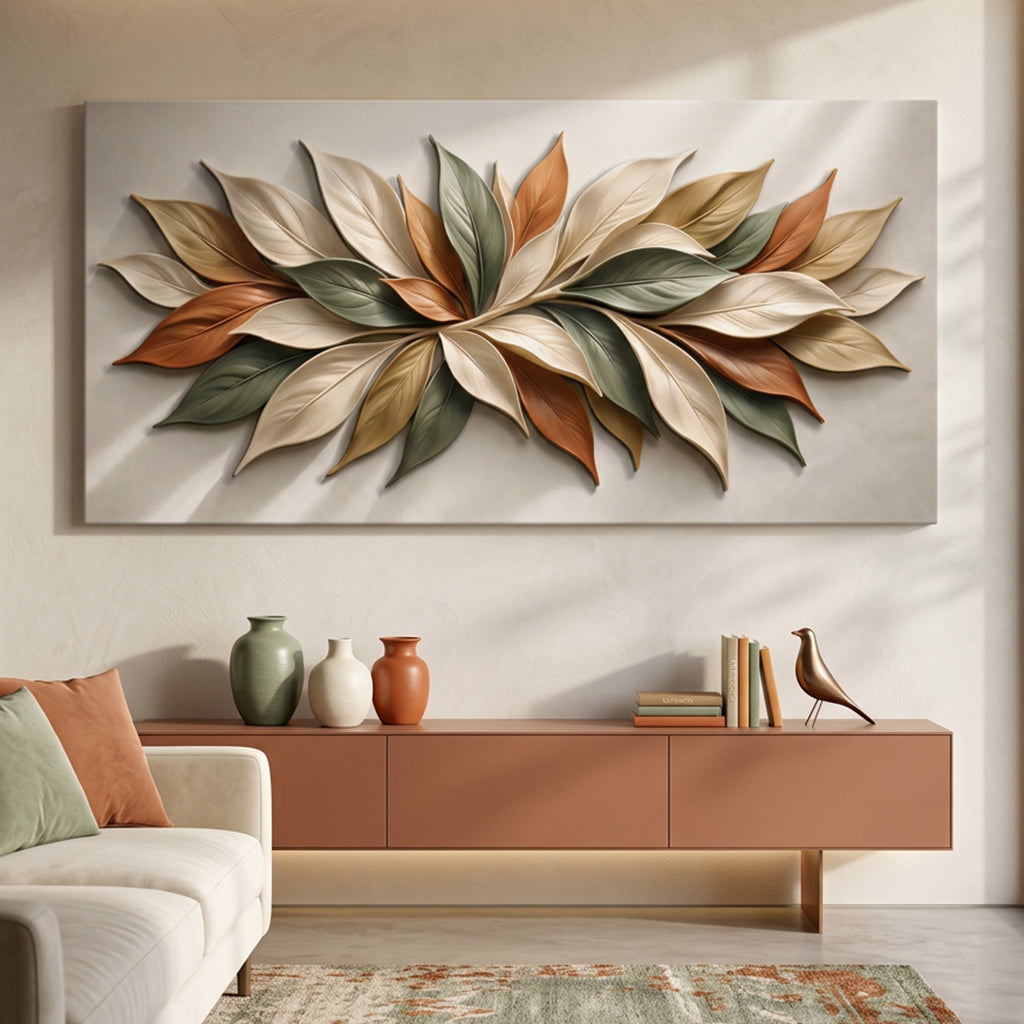 Quadro Pétalas de Outono na parede clara, acima do aparador da sala