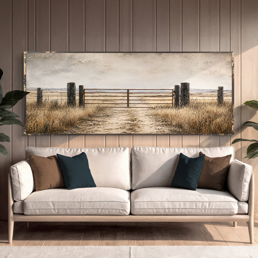 Quadro Porteira Rústica em canvas panorâmico na parede, com porteira de ferro e capim seco
