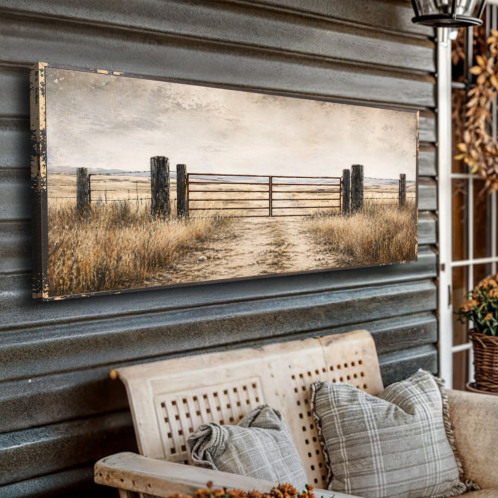 Quadro Porteira Rústica em vista angulada, na parede do ambiente