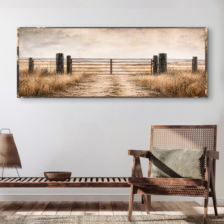 Quadro Porteira Rústica em parede larga, no formato panorâmico