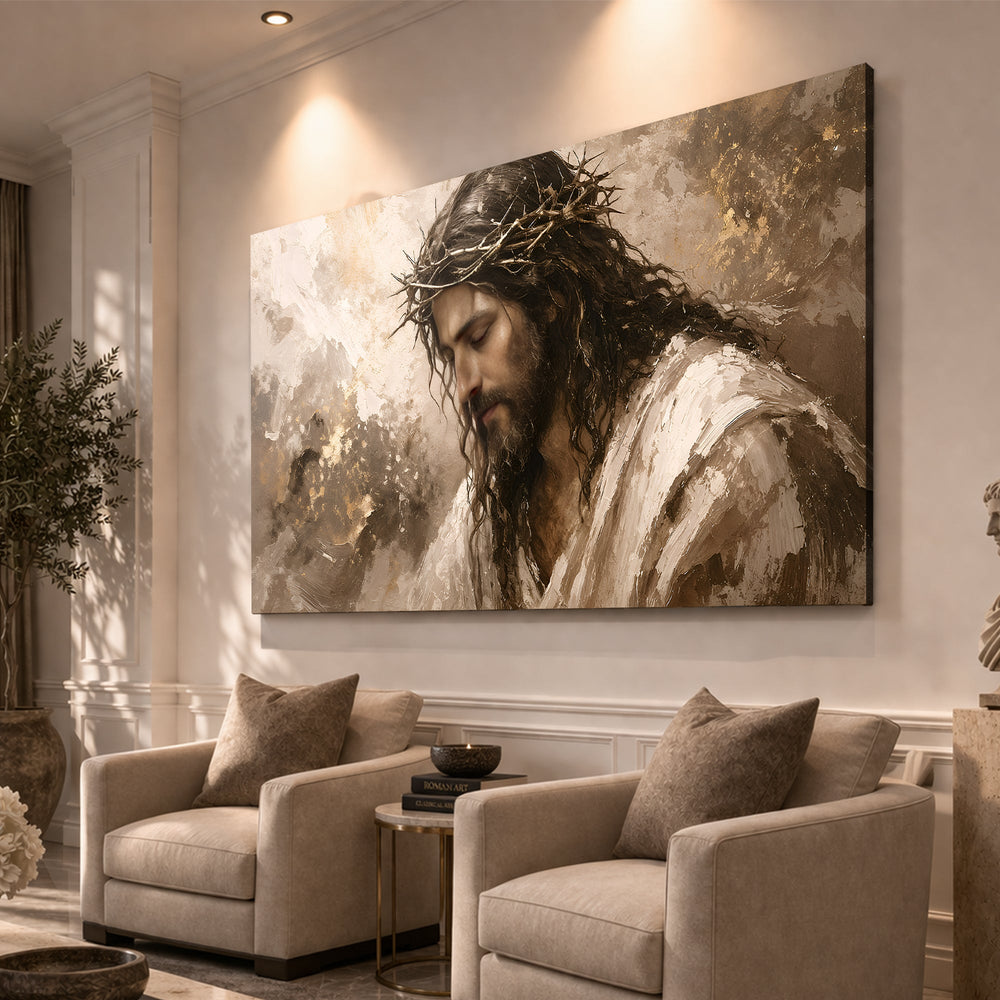 Quadro Serenidade Coroada em vista angulada, na parede da sala de estar