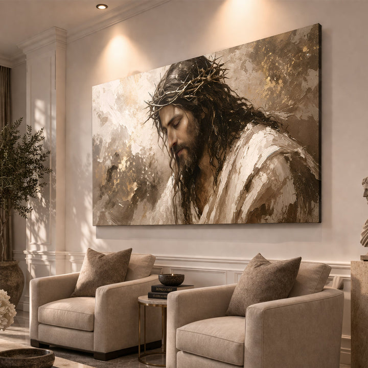 Quadro Serenidade Coroada em vista angulada, na parede da sala de estar