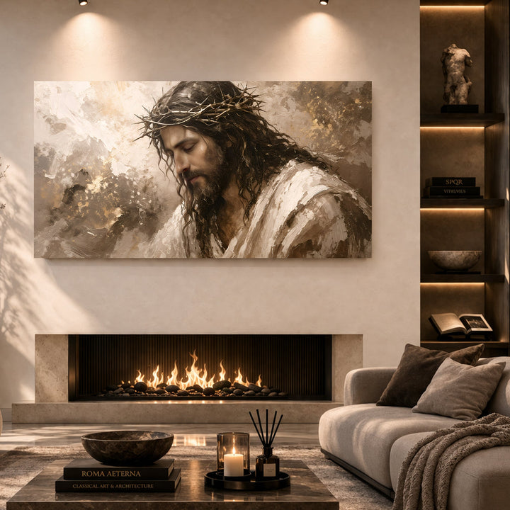 Quadro Serenidade Coroada: figura sob a coroa de espinhos em tons terrosos e dourados