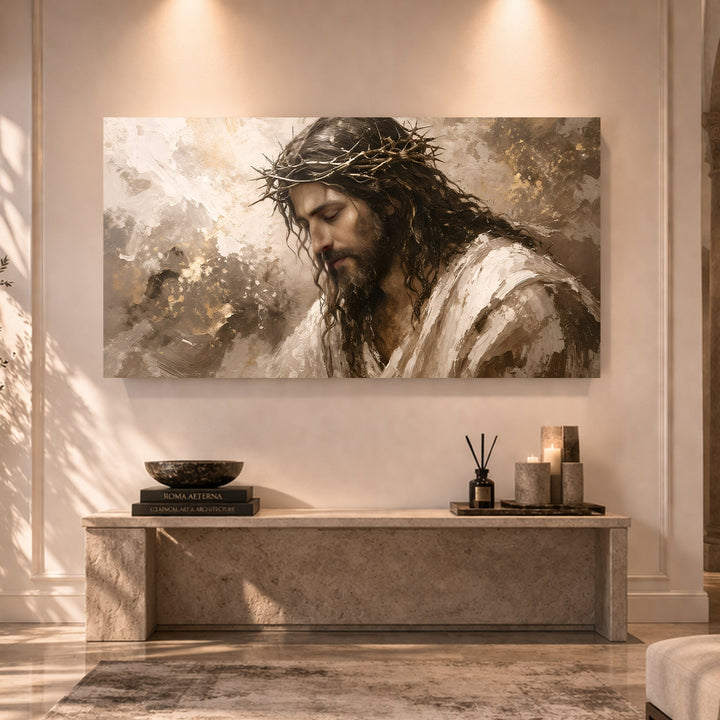 Quadro Serenidade Coroada acima de aparador, com velas e difusor