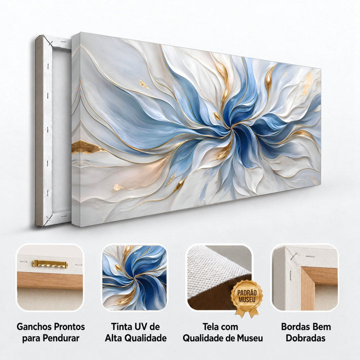 Detalhes do quadro Sinfonia Azul: ganchos para pendurar, tinta UV, tela de museu e bordas dobradas