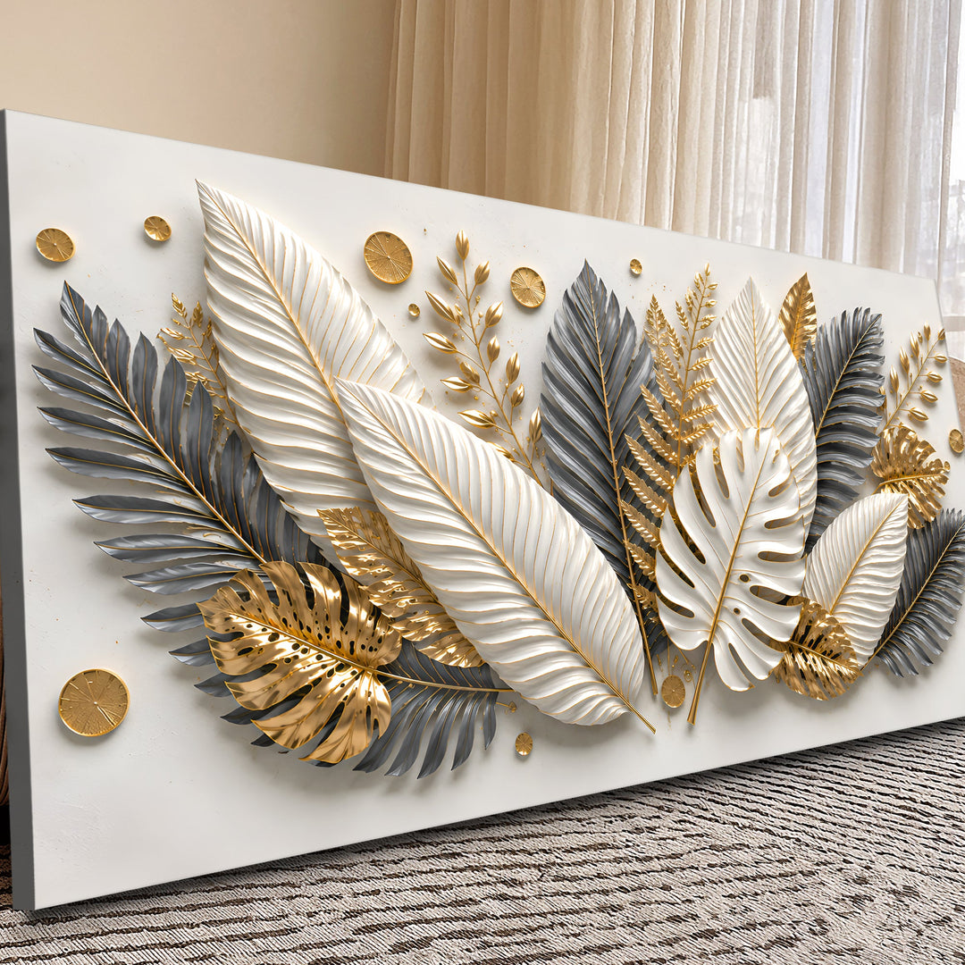 Quadro Tropical Dourado de perto: folhas brancas, grafite e douradas