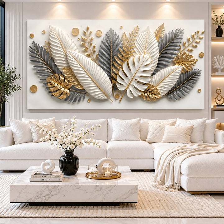 Quadro Tropical Dourado em sala clara com sofá de canto branco