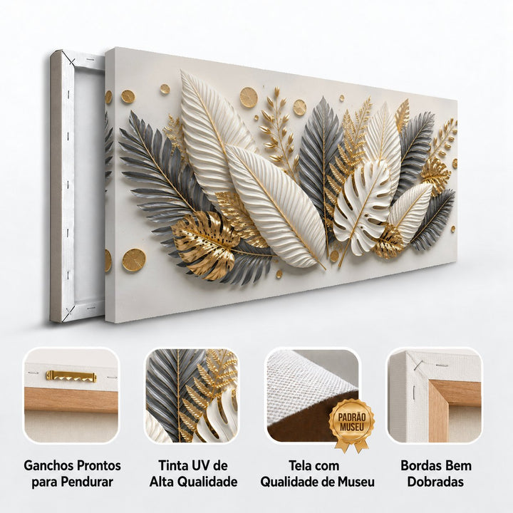 Detalhes do quadro Tropical Dourado: ganchos para pendurar, tinta UV, tela de museu e bordas dobradas